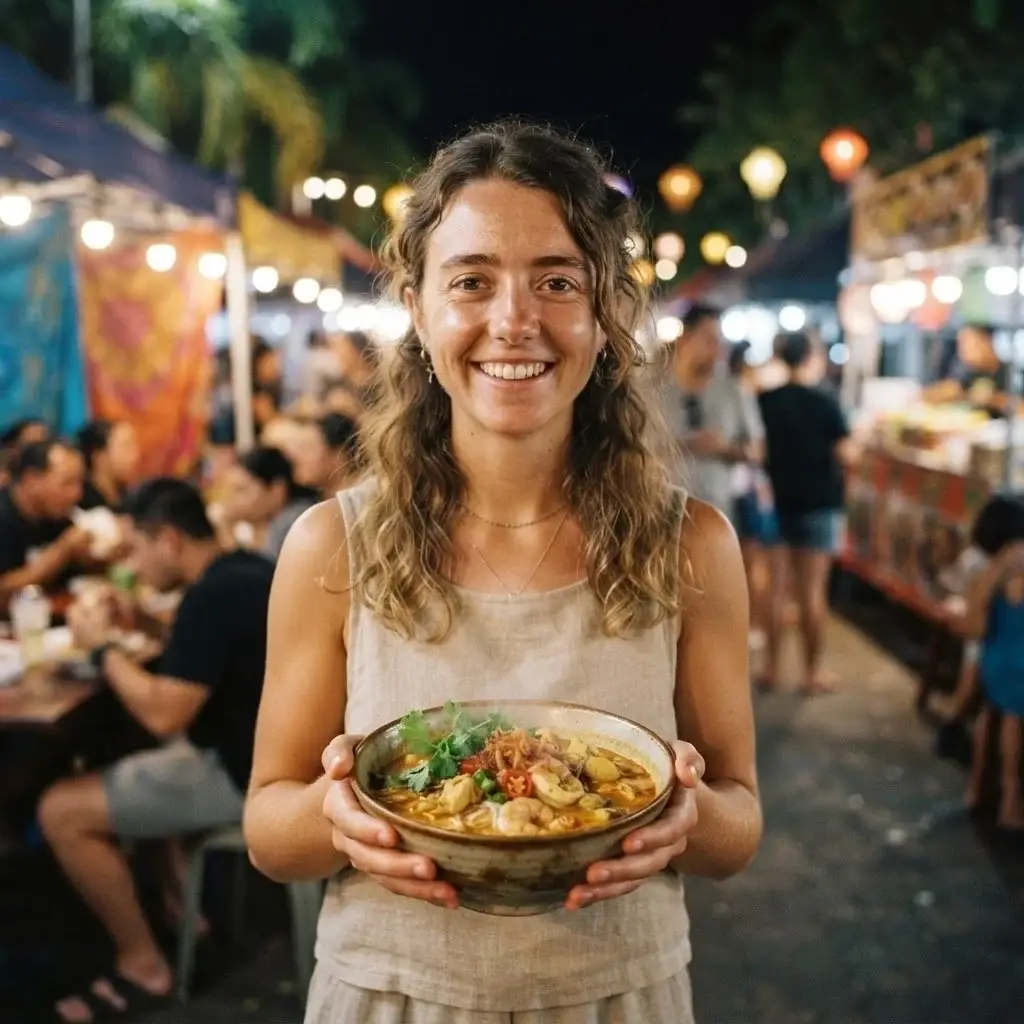 Emma Collins stands at a local outdoor market stall in Darwin, Australia, looking at a bowl of fresh laksa, capturing the authentic local food culture.