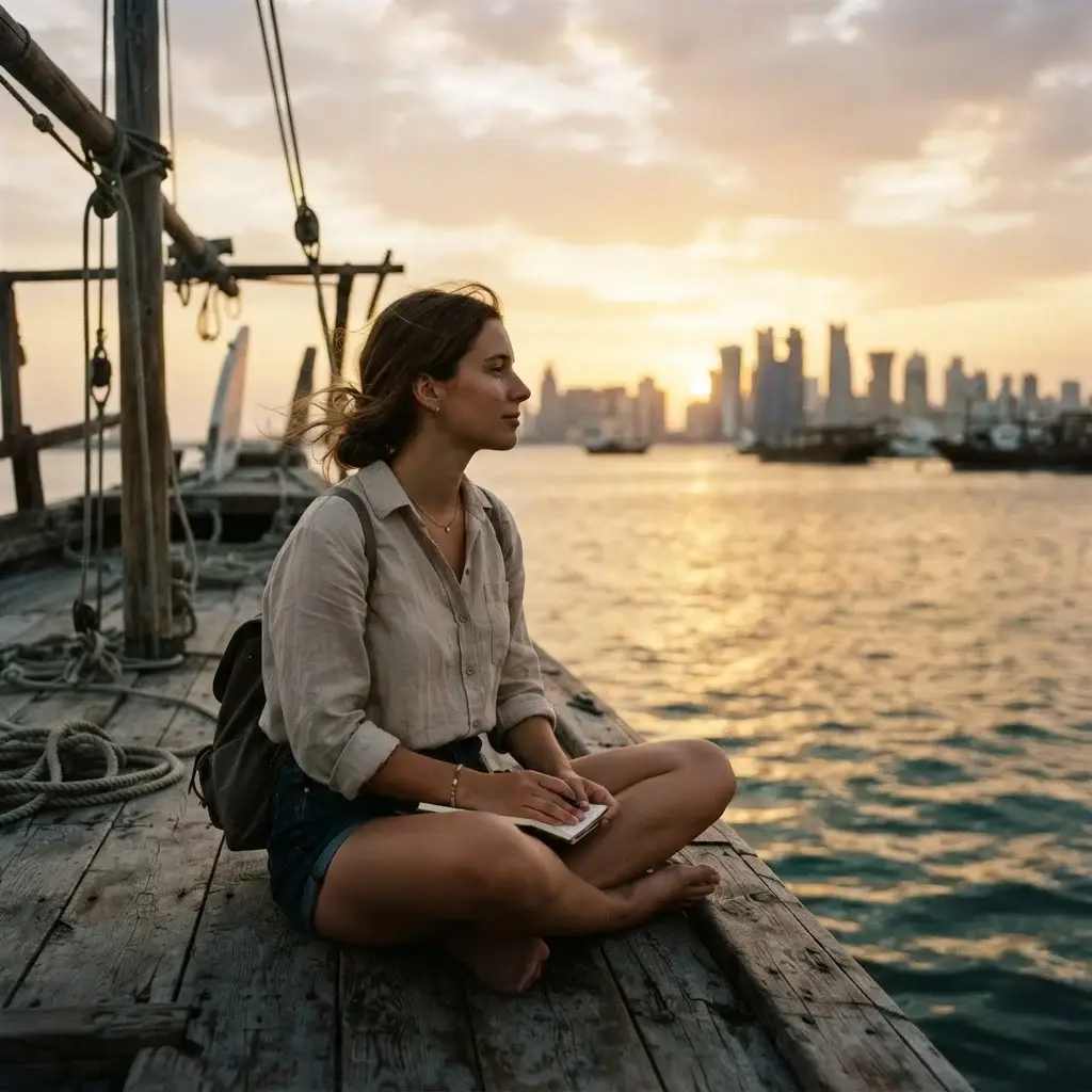 A candid shot of Emma Collins sitting on a traditional wooden dhow boat in Doha Bay, watching the sunset glow reflect on the calm water.