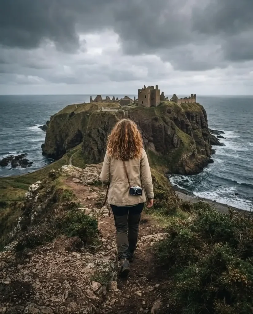 A candid shot of Emma Collins walking along the green cliffside path toward the dramatic ruins of Dunnottar Castle with the North Sea in the background.