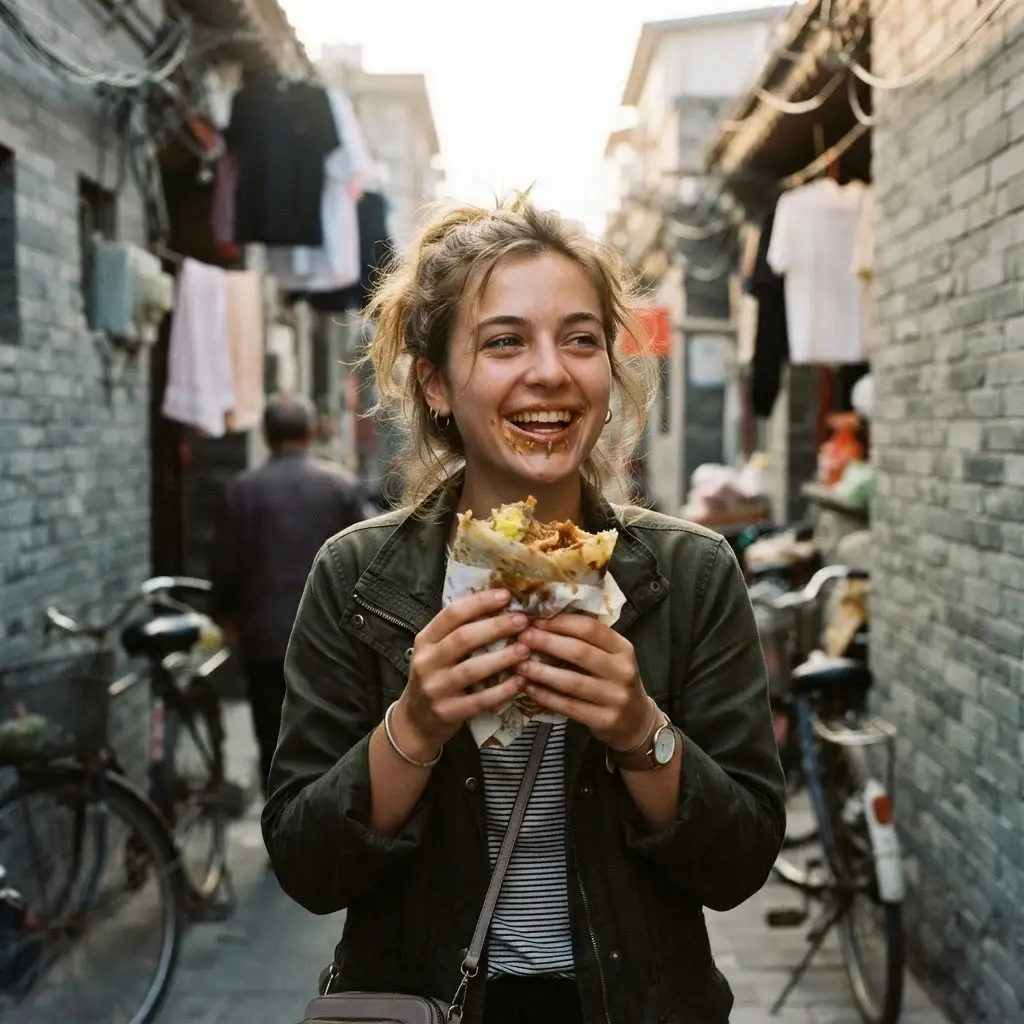 A candid close-up of a female traveler with natural brown hair eating a traditional crispy Jianbing crepe while walking through a narrow, grey-brick Hutong alley in Beijing.