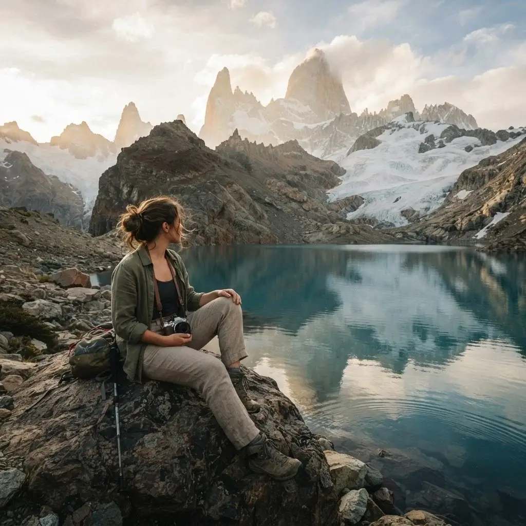 Solo hiker with a mirrorless camera sitting on a rock overlooking Laguna de los Tres and Mount Fitz Roy in El Chaltén, Argentina, natural brown hair, candid travel photography.