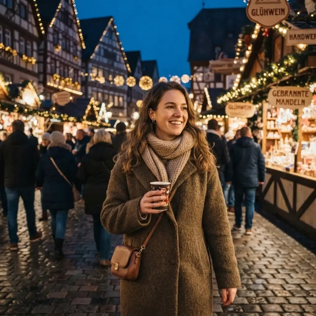 Emma Collins walking through a glowing, historic European Christmas market in Strasbourg, surrounded by half-timbered buildings and warm fairy lights.