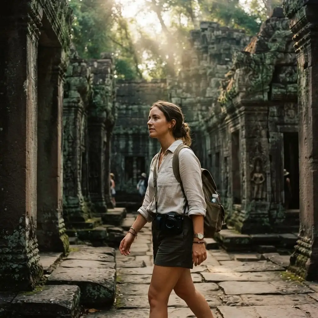 An authentic eye-level photograph of a female solo traveler with natural brown hair exploring the ancient moss-covered stone ruins of Angkor Wat in Cambodia during a humid, sun-drenched morning.