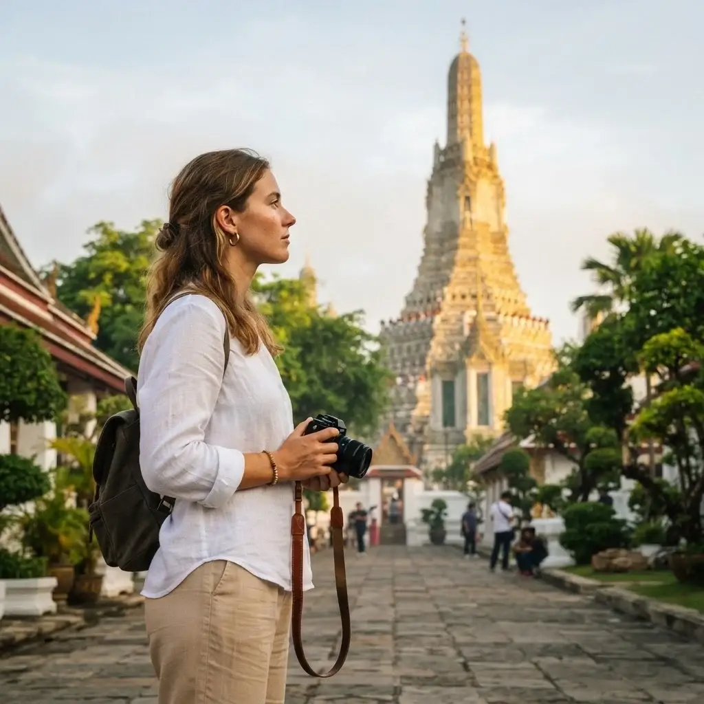 A side-angle candid photograph of a young woman with brown hair wearing a long-sleeve white linen shirt and tan pants, looking toward a historic golden spire temple in Bangkok with a mirrorless camera slung over her shoulder.