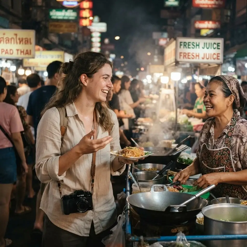 Emma Collins, a female solo traveler with brown hair in linen clothes, smiles while buying street food from a local vendor at a lively night market in Bangkok, Thailand.