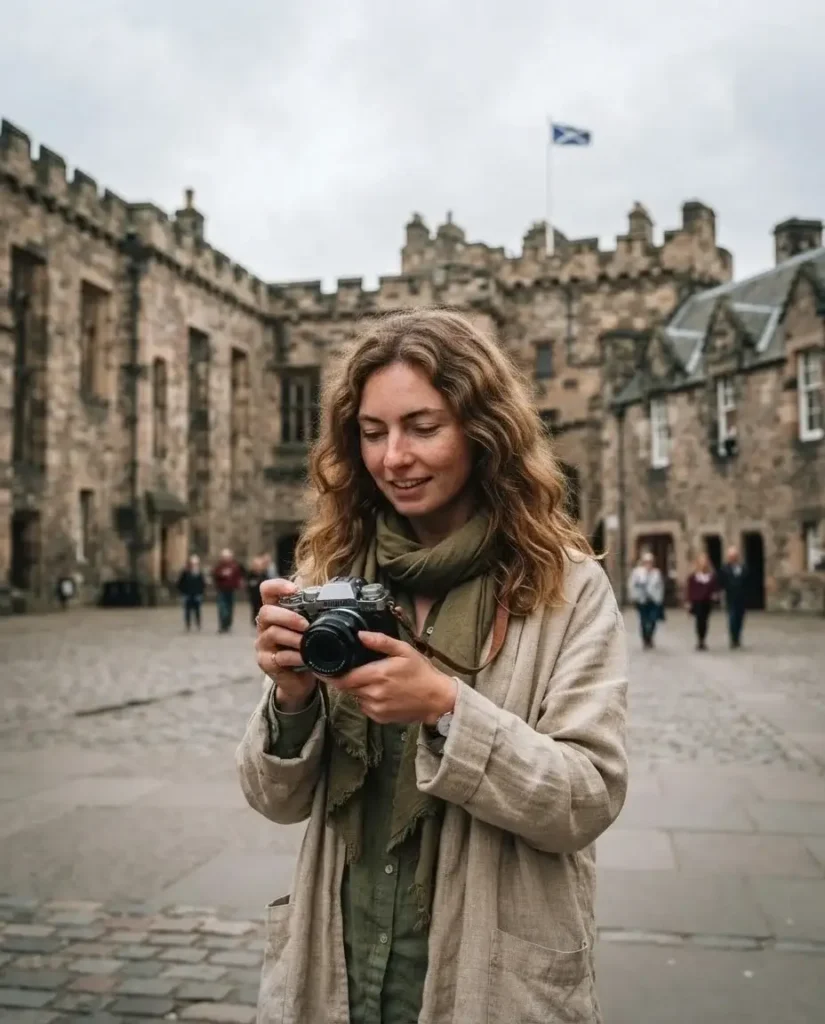 Emma Collins standing inside the stone walls of Edinburgh Castle looking up at the historic architecture on a cloudy Scottish afternoon.