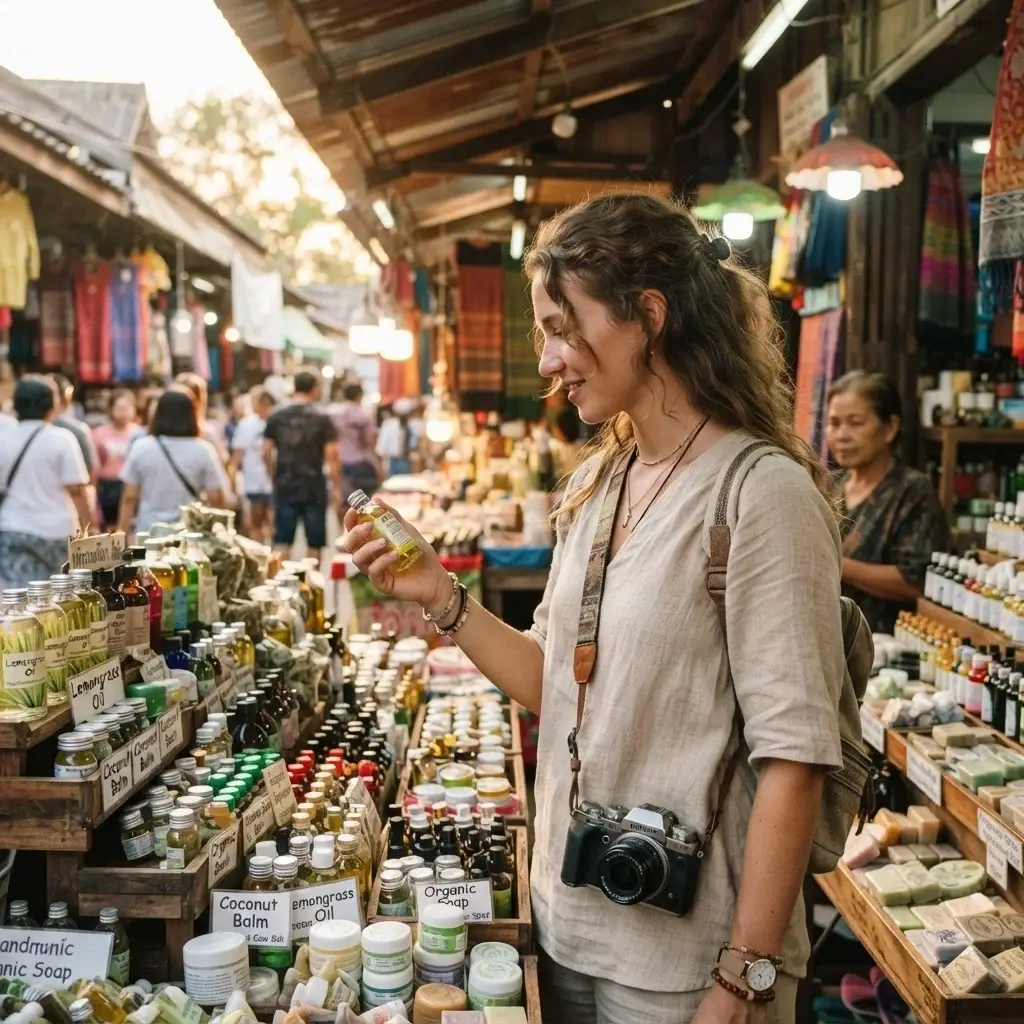 Emma Collins exploring an open-air local market pharmacy in Southeast Asia, looking at traditional herbal soaps and coconut oil bottles, holding a mirrorless camera.
