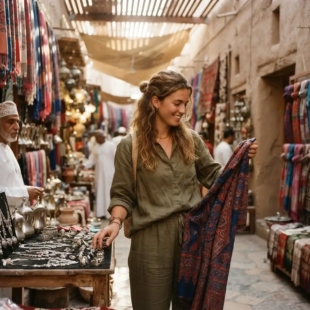 Emma Collins browsing through colorful hand-woven textiles and traditional frankincense in the bustling Mutrah Souq, Muscat, Oman.