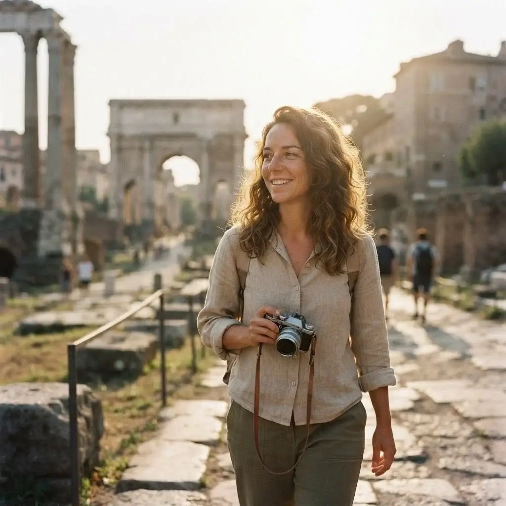 Solo traveler Emma Collins walking through the Roman Forum in Rome, Italy, during early morning golden hour, holding a mirrorless camera.