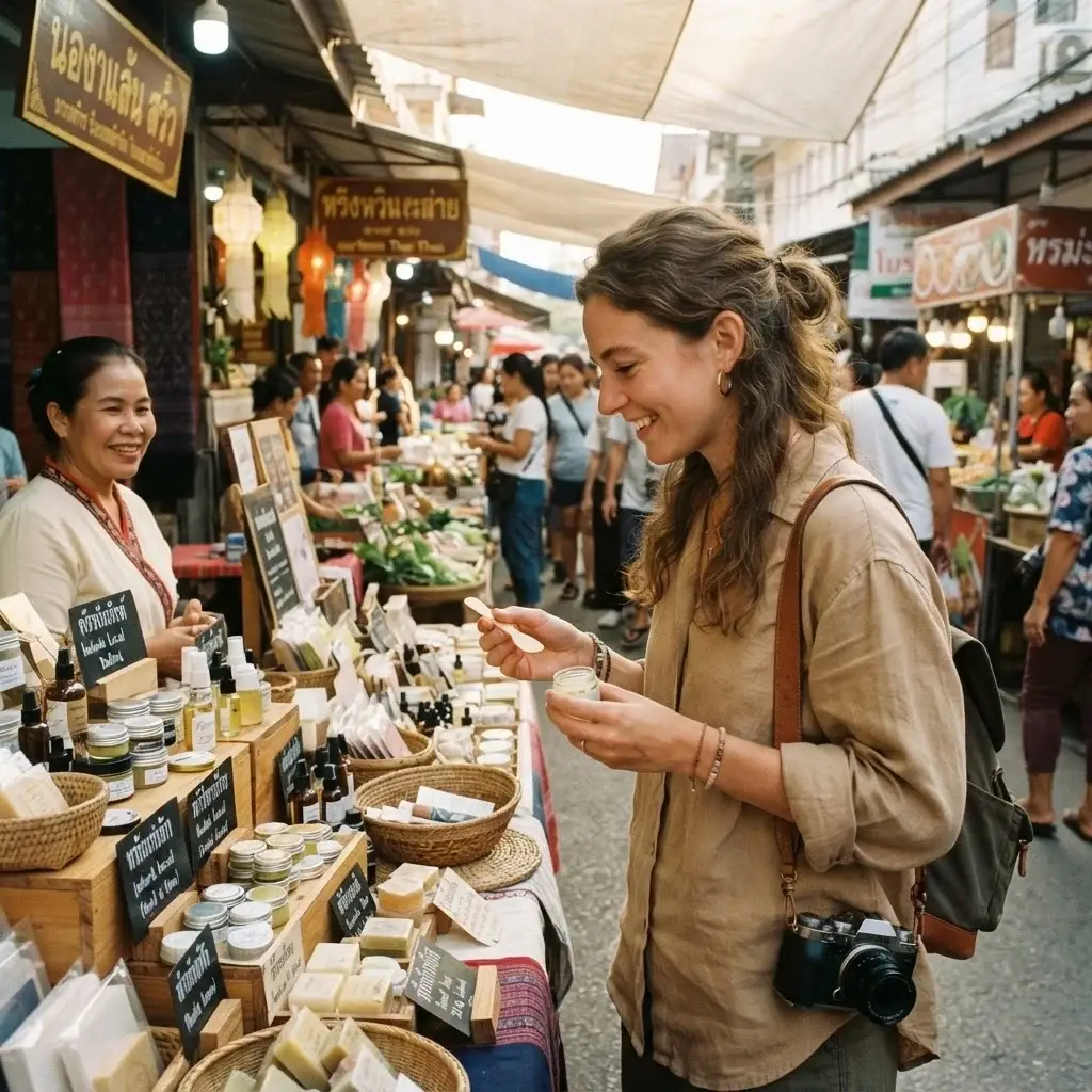 A candid eye-level shot of a female solo traveler with brown hair wearing earthy-toned linen clothing looking curiously at traditional cosmetics in a bustling Chiang Mai open-air market.