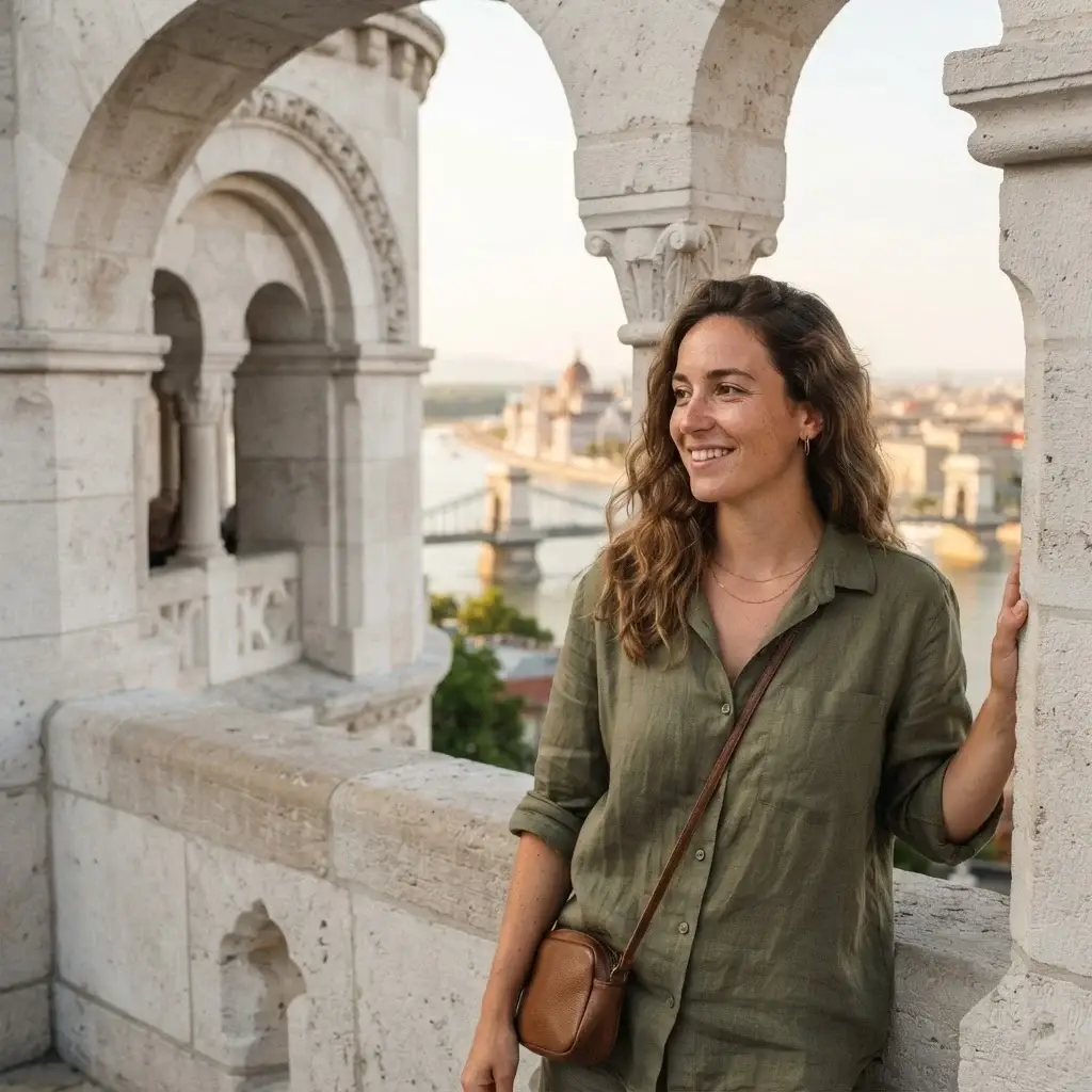 A candid eye-level photograph of a female traveler with brown hair in a linen shirt leaning against the white stone carvings of Fisherman's Bastion in Budapest.