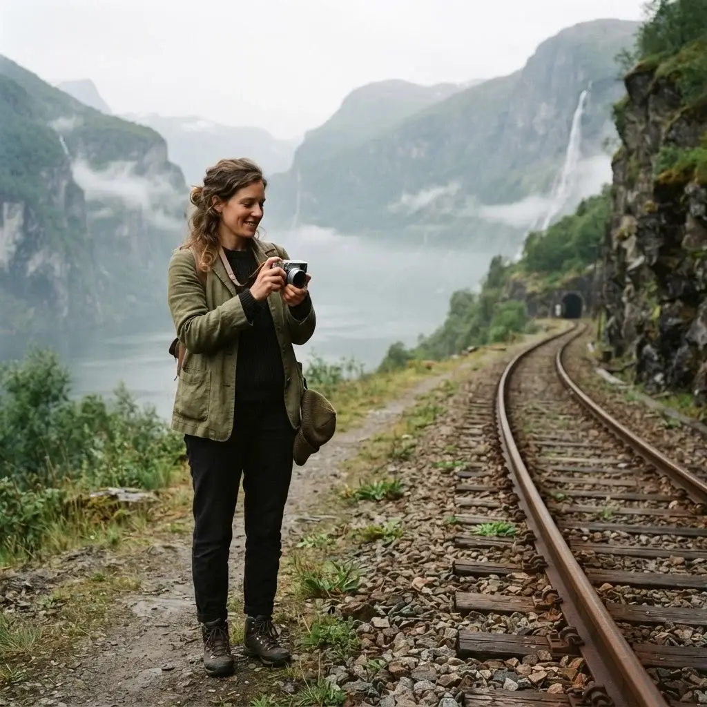 A solo traveler with a mirrorless camera standing near the Flåm Railway, with dramatic green fjord mountains and cascading waterfalls in the background.