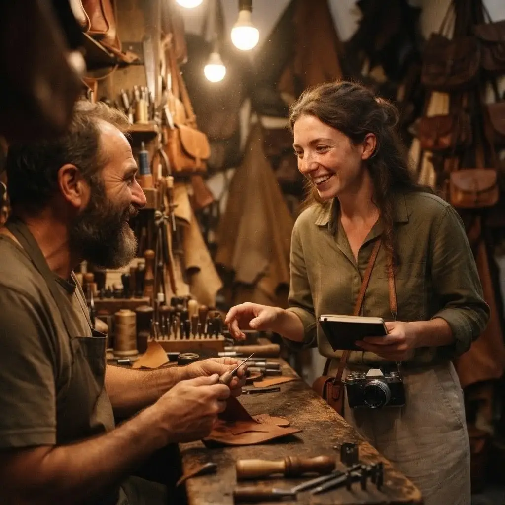 A solo traveler engaging with a local artisan inside a small leather-working workshop in the Oltrarno district of Florence, Italy, during a sunlit afternoon.