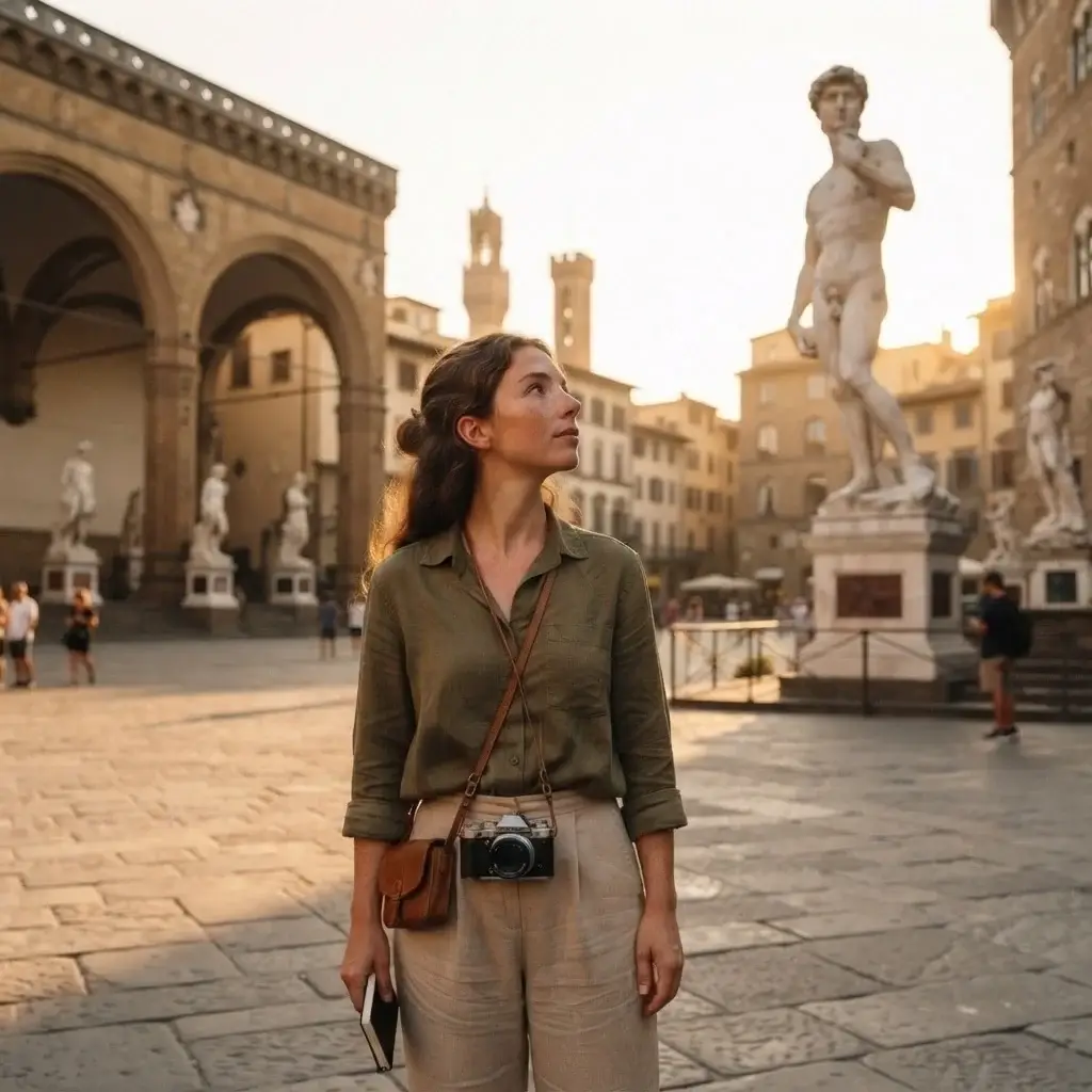 A young female traveler with a mirrorless camera admiring Renaissance sculptures in the quiet, early morning light at Piazza della Signoria in Florence.