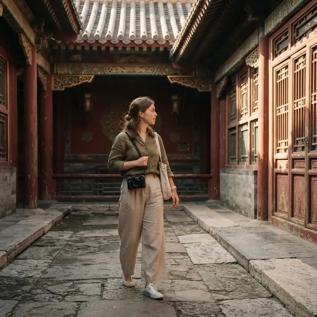 Emma Collins, a solo traveler with brown hair, walking through a quiet, red-walled side courtyard of the Forbidden City, carrying a mirrorless camera and looking at ornate wood carvings.