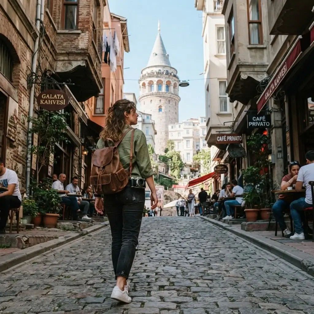 A candid street style photograph of a female traveler with brown hair walking up a steep cobblestone alleyway in Beyoğlu, looking toward the medieval stone Galata Tower in Istanbul.