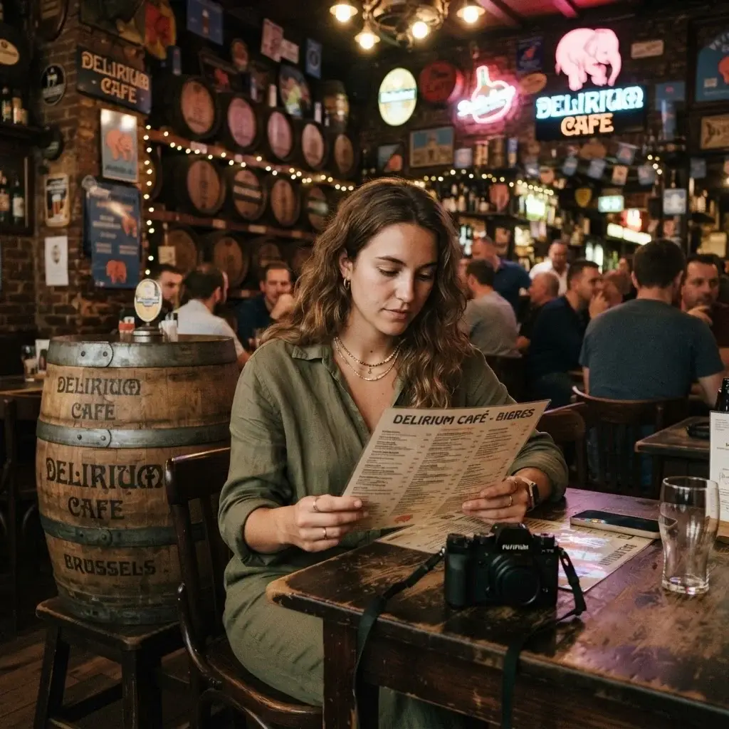 A real, unposed shot of a 20-something female traveler in a casual linen outfit walking down the historic Galeries Royales Saint-Hubert covered arcade in Brussels under a grand glass roof.