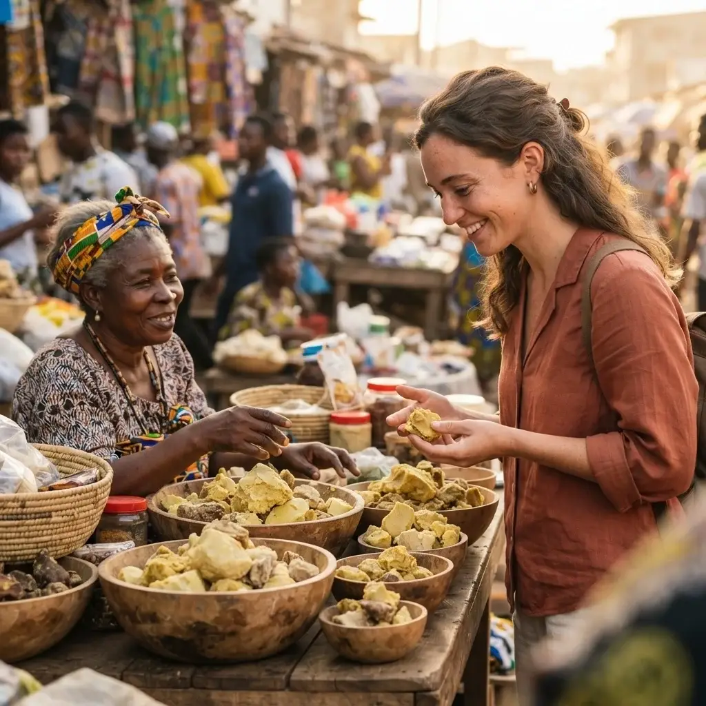 Emma Collins, a 20-something female solo traveler with brown hair in a light terracotta linen top, smiling warmly as she interacts with a local vendor at an open-air village market in Ghana, looking down at a large block of authentic raw shea butter.