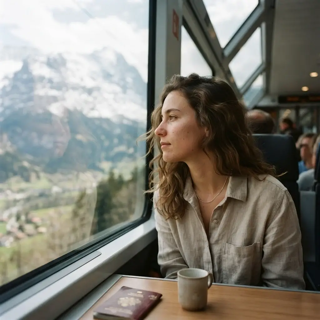 A candid eye-level shot of a female traveler with brown hair wearing a linen shirt, looking out a large Swiss train window at majestic snow-capped Alps.