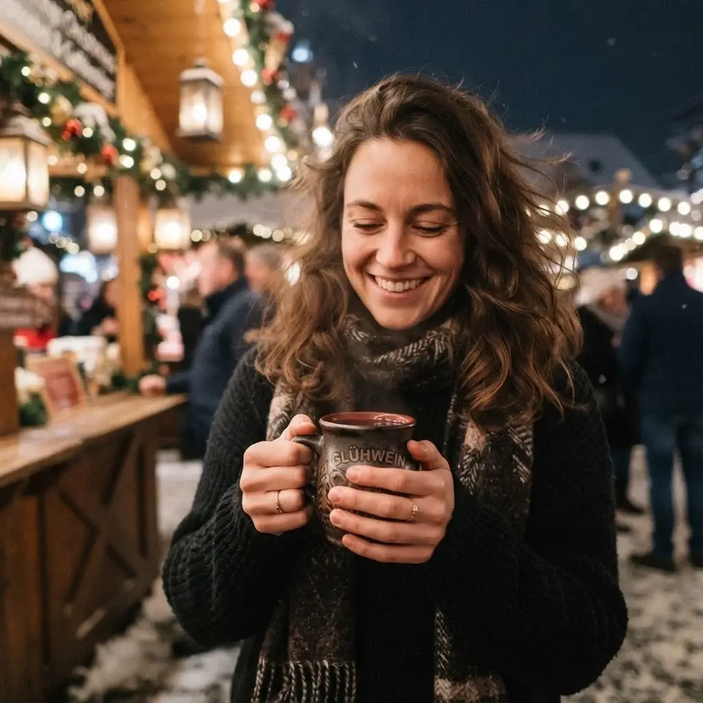 A candid, close-up shot of Emma Collins holding a steaming mug of spiced Glühwein at a traditional, rustic European Christmas market stall at twilight.