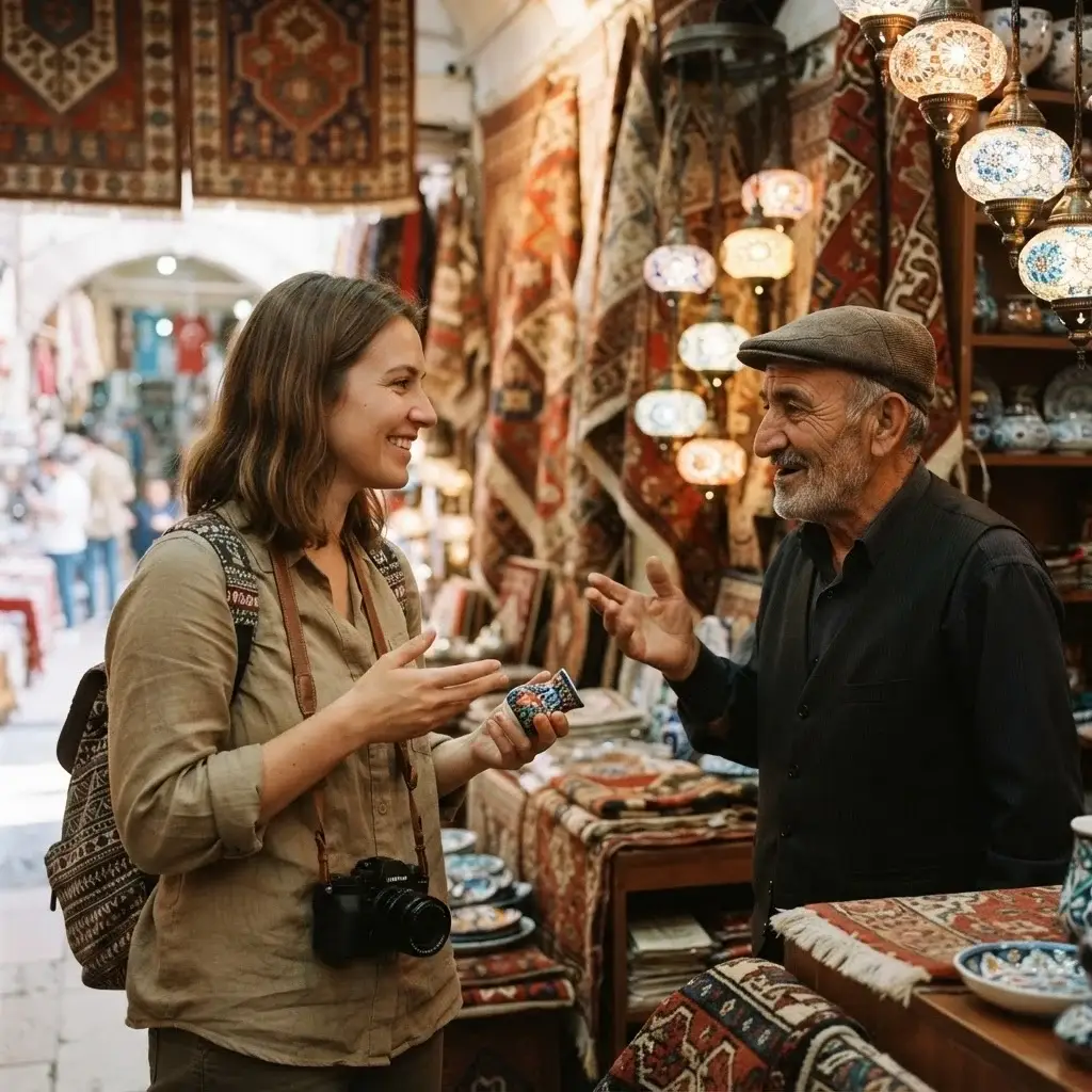 An authentic mid-shot of a female solo traveler with brown hair, dressed in an olive linen shirt, smiling while talking with a local vendor inside a colorful rug shop at the Grand Bazaar in Istanbul.