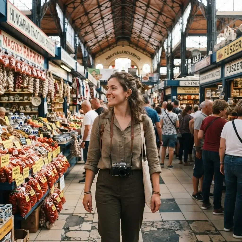 A female traveler with a mirrorless camera exploring the ground floor of the Great Market Hall in Budapest, surrounded by vibrant strings of red paprika and local market stalls.