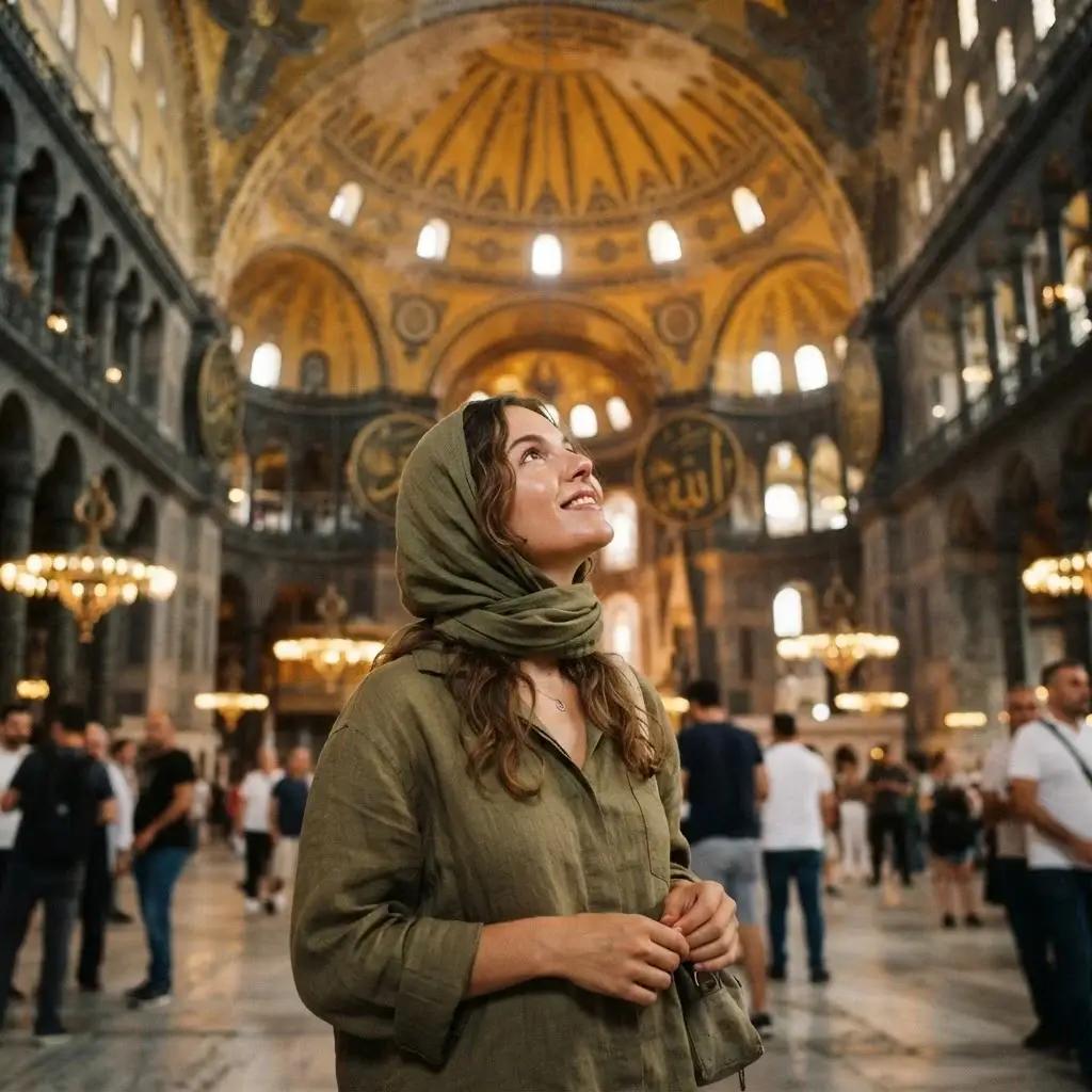 A candid eye-level shot of Emma Collins, a female solo traveler with brown hair wearing a green headscarf, looking up at the massive historic dome inside the Hagia Sophia mosque in Istanbul.