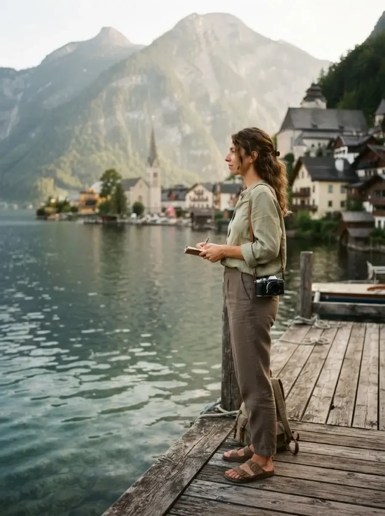 A young female traveler with a mirrorless camera waiting at a wooden ferry dock in Hallstatt, Austria, with the lake and village architecture visible.