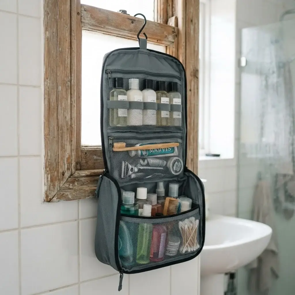 A close-up shot of a durable, slate-gray hanging travel toiletry bag hooked over an old wooden window frame in a brightly lit, rustic bathroom in Thailand.