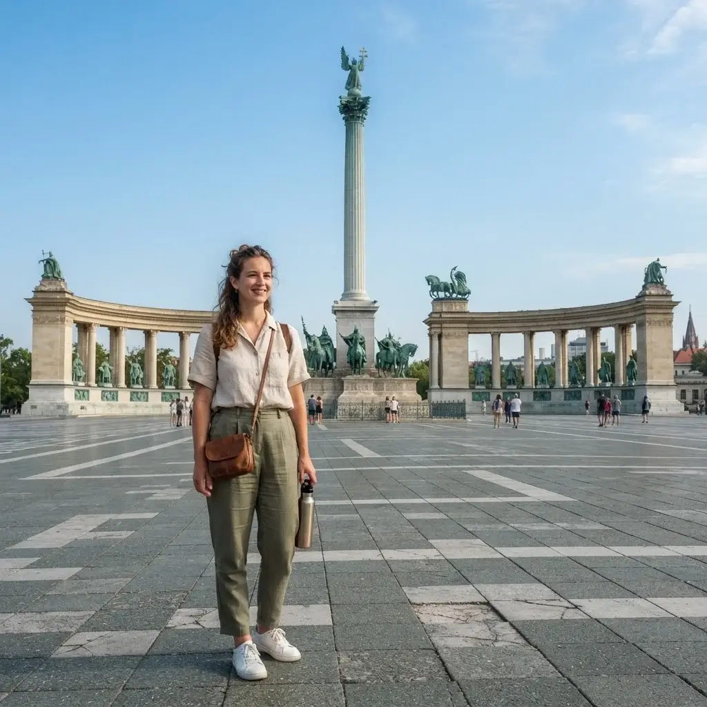 A wide-angle candid shot of a young woman standing on the open stone plaza of Heroes' Square in Budapest, looking up at the monumental statues during a quiet morning golden hour.