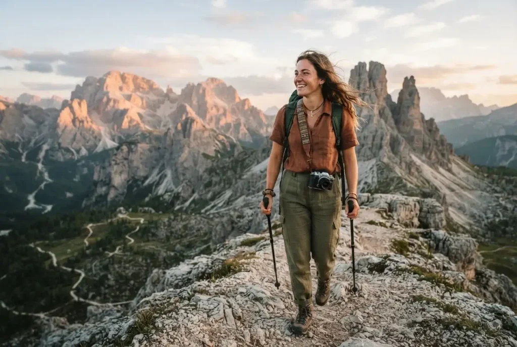A young solo traveler with a camera hiking on a rocky trail in the Italian Dolomites with jagged peaks in the background.