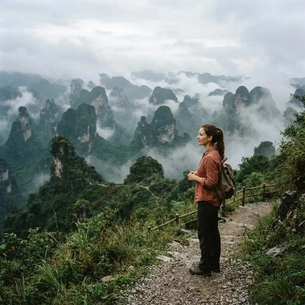 Emma Collins standing on an outdoor trail surrounded by the lush green, mist-covered limestone karsts of South China, wearing an earth-toned linen shirt and a camera strap across her shoulder.
