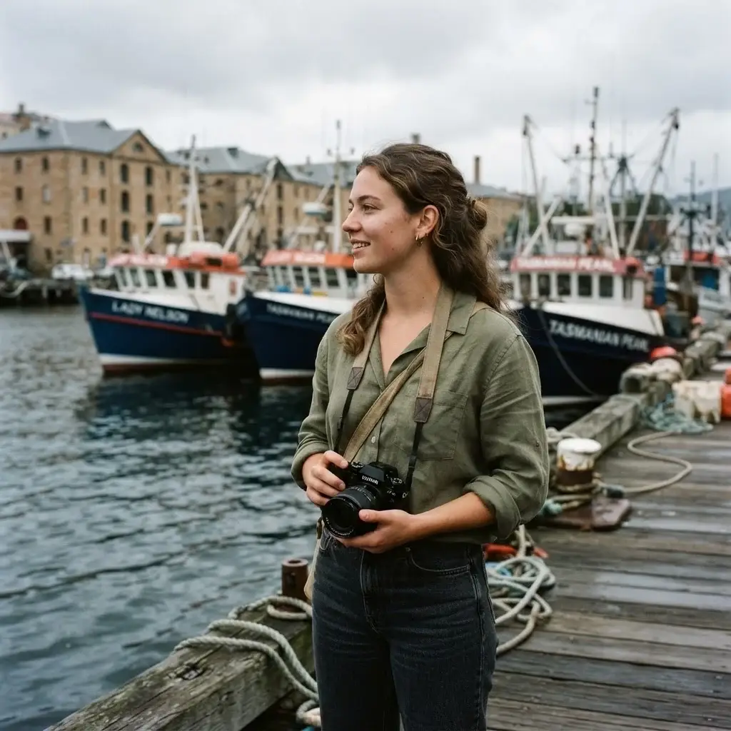 A candid shot of a young woman standing on the historic Hobart waterfront, holding a mirrorless camera with fishing boats and sandstone buildings in the background.