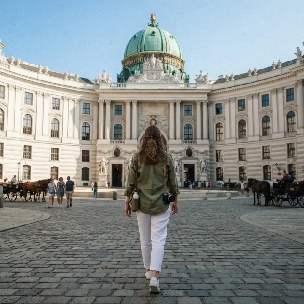 An authentic eye-level shot of a female solo traveler carrying a mirrorless camera walking toward the grand green dome of Hofburg Palace in Vienna.