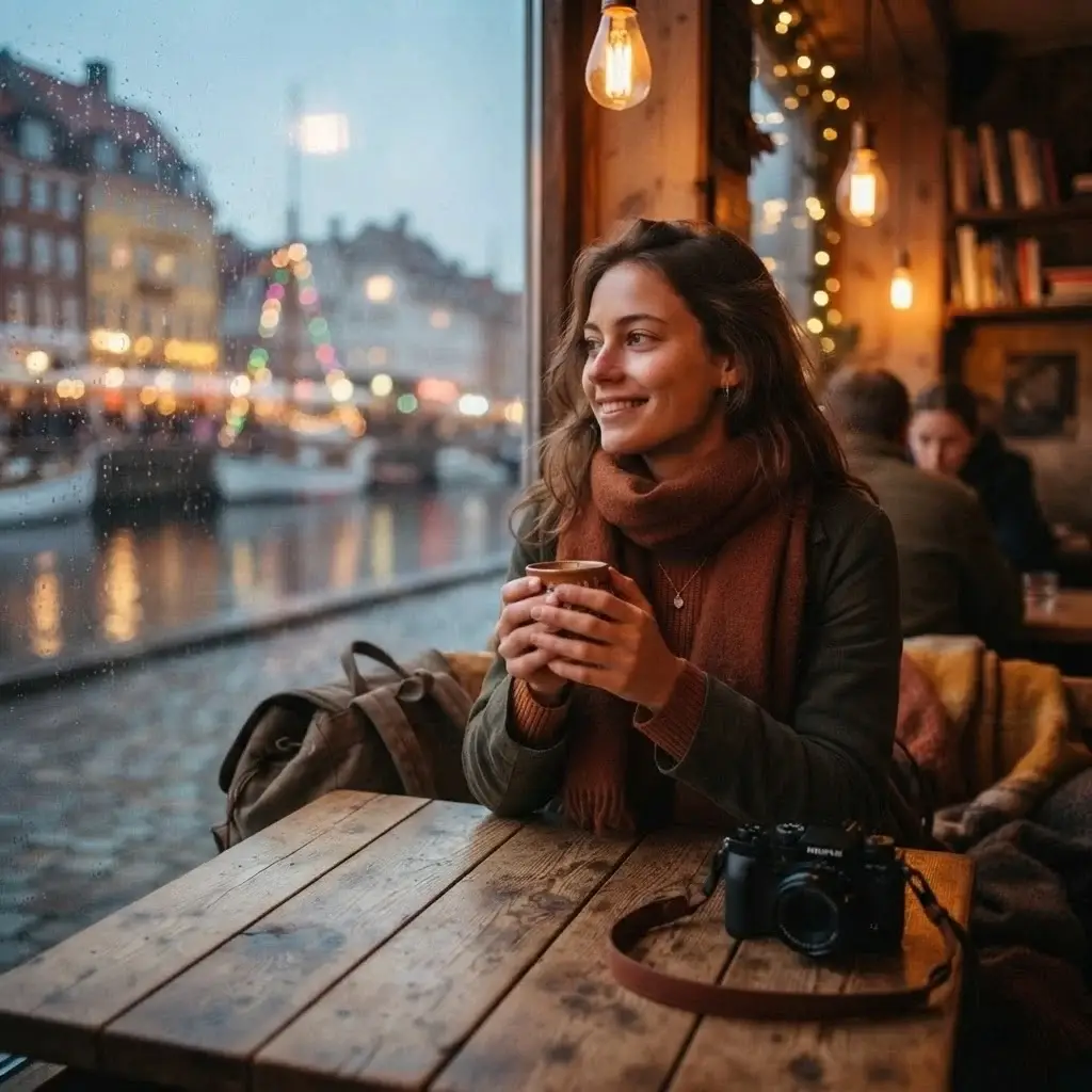 A solo traveler sitting comfortably in a cozy Copenhagen cafe near Nyhavn harbor, holding a hot drink, with a soft-focus background of festive harbor lights.