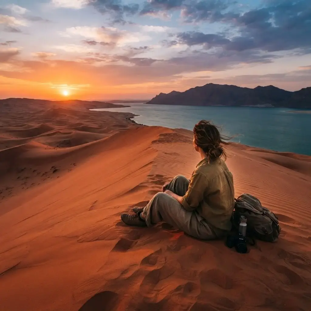 Emma Collins sitting on a sand dune at the Inland Sea in Qatar, watching the sun set over the desert landscape with distant mountains.