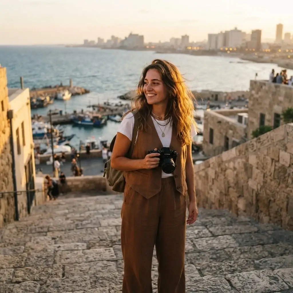 Solo traveler Emma Collins standing on the ancient stone ramparts of Jaffa Port, looking out at the distant Tel Aviv skyline on the Mediterranean coast.