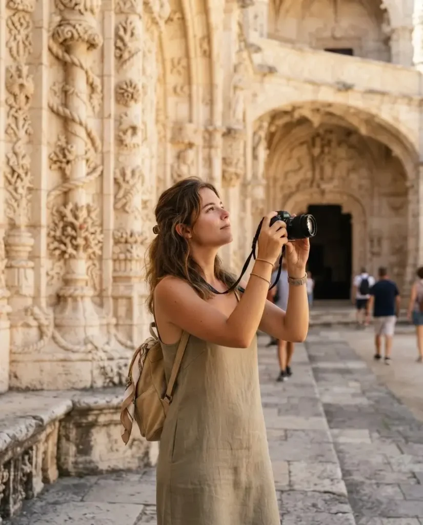 Traveler examining the carved Manueline stonework outside Jerónimos Monastery in Belém, Lisbon