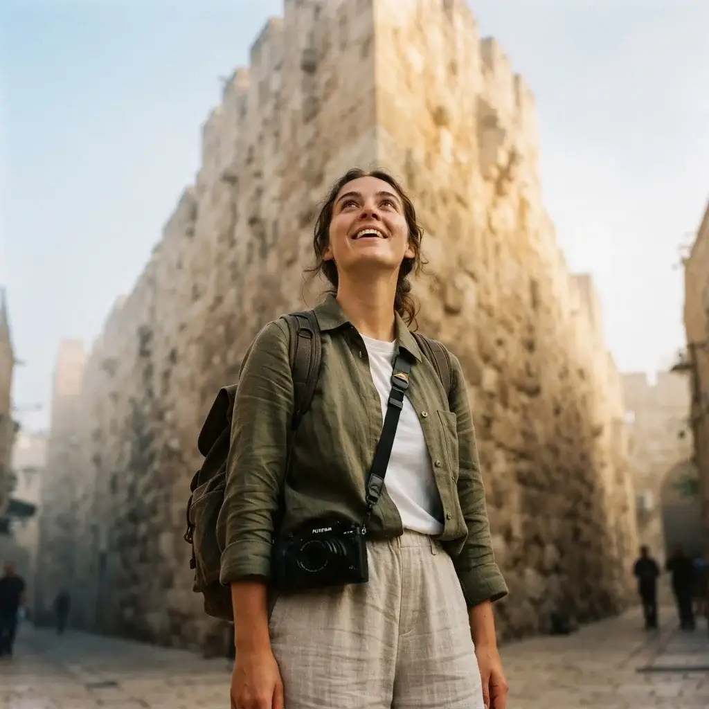 Emma Collins looking up in awe at the massive limestone walls of the Old City of Jerusalem, carrying a mirrorless camera during her solo travel adventure.