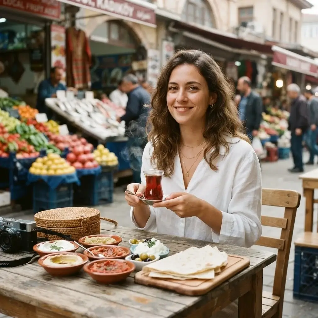 A natural eye-level photograph of a 20-something female traveler sitting at an outdoor wooden table in Kadıköy market, holding a small tulip glass of Turkish tea with fresh local food plates in front of her.