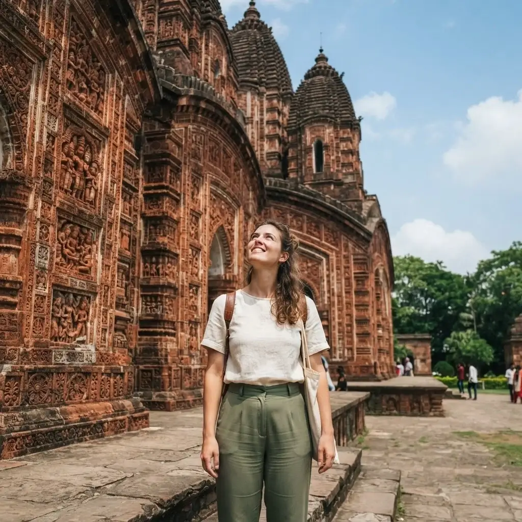 Female solo traveler Emma Collins exploring the ornate terracotta walls of Kantajew Temple in Dinajpur, Bangladesh.
