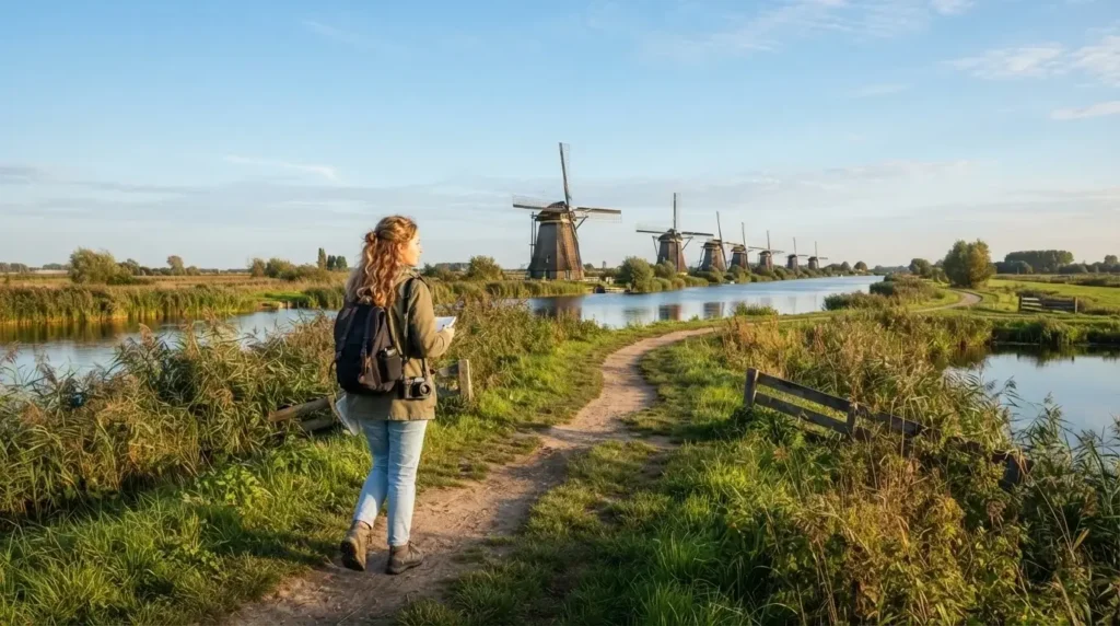 Emma Collins walking along a dirt path with iconic historical windmills at Kinderdijk in the Netherlands, exploring Dutch heritage.