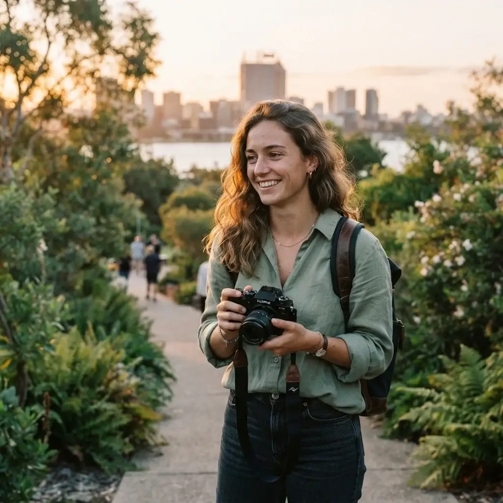 A candid portrait of a solo traveler with brown hair wearing linen clothes and holding a mirrorless camera in Kings Park, overlooking the Perth city skyline.