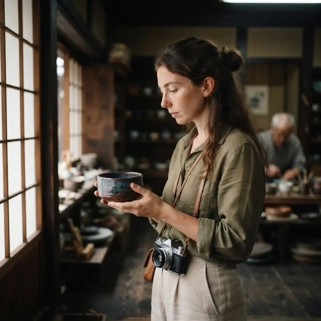 A young female traveler carefully inspecting handmade Kiyomizu-yaki ceramics in a traditional wooden shop in the Higashiyama district of Kyoto, Japan.