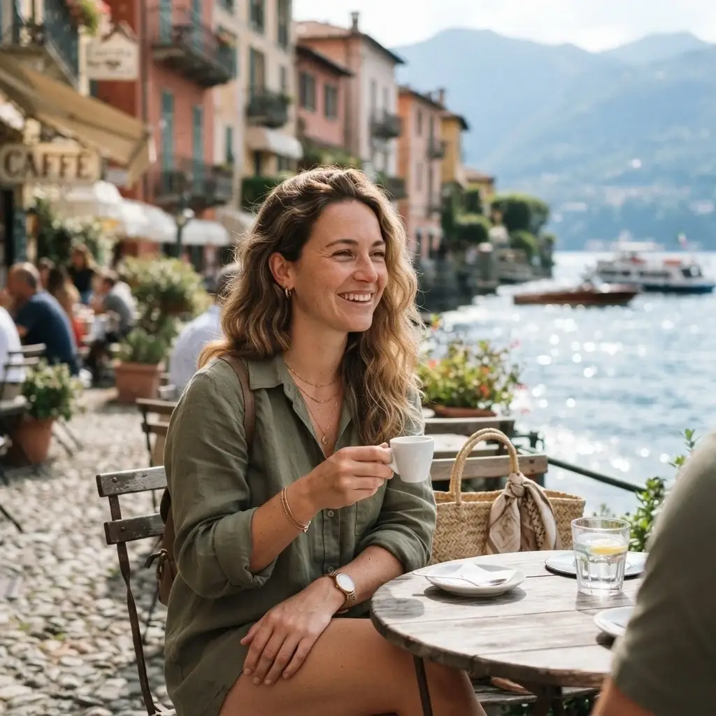 Emma Collins sitting at a small, rustic café table by Lake Como, Italy, holding a coffee cup, wearing linen clothing, with colorful Italian village buildings visible behind her.