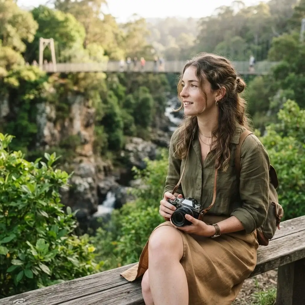 A solo traveler with brown hair dressed in earthy linen clothes resting on a park bench overlooking the lush cliffs of Cataract Gorge in Launceston, Tasmania.