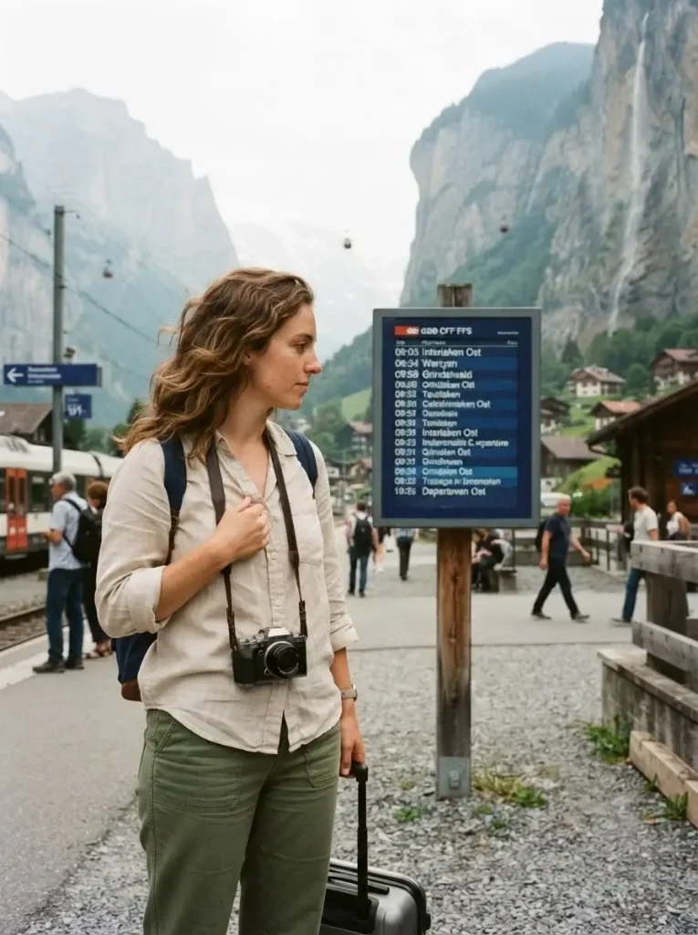 Solo traveler Emma Collins standing on a small Swiss train platform in Lauterbrunnen valley looking at a paper map, holding a mirrorless camera, mountains in background.