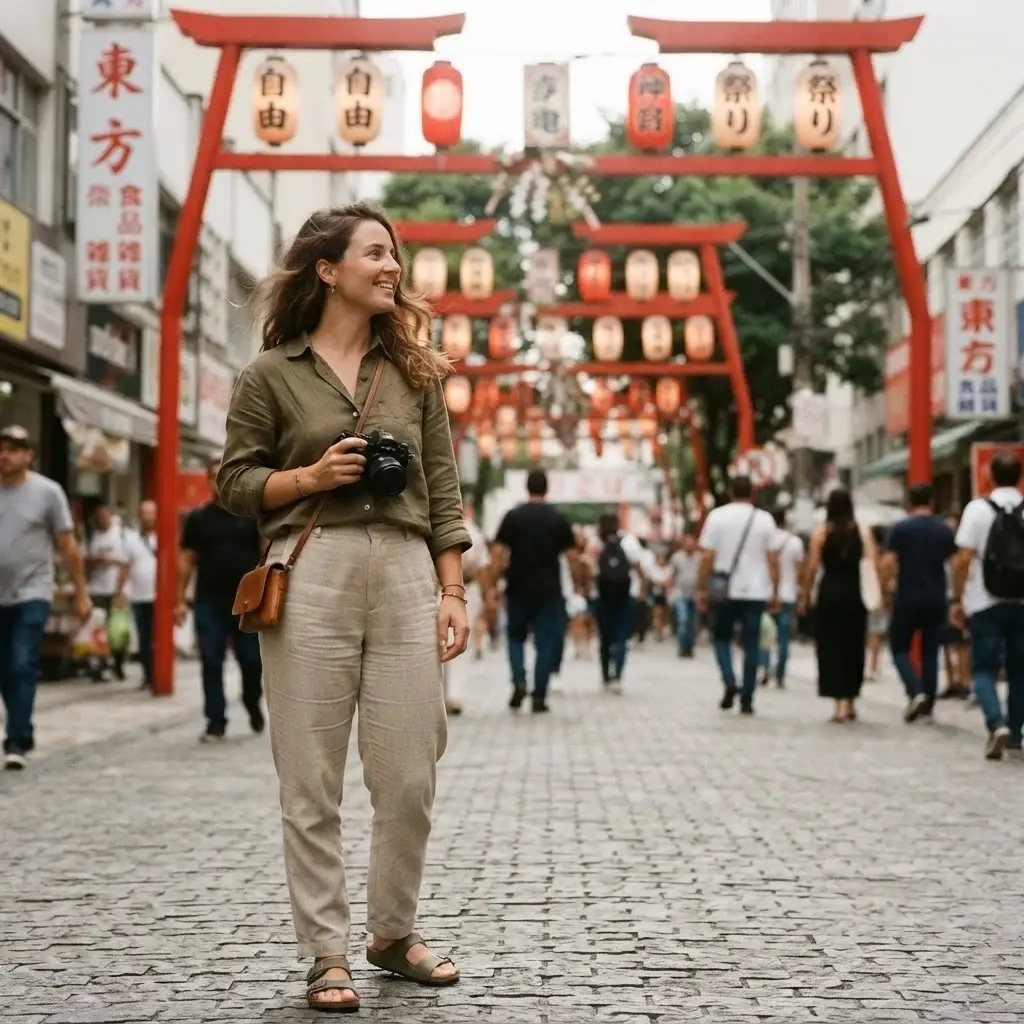 A candid shot of Emma Collins standing under traditional red torii gates in the Liberdade neighborhood of São Paulo, capturing the cultural atmosphere of the Japanese Quarter.