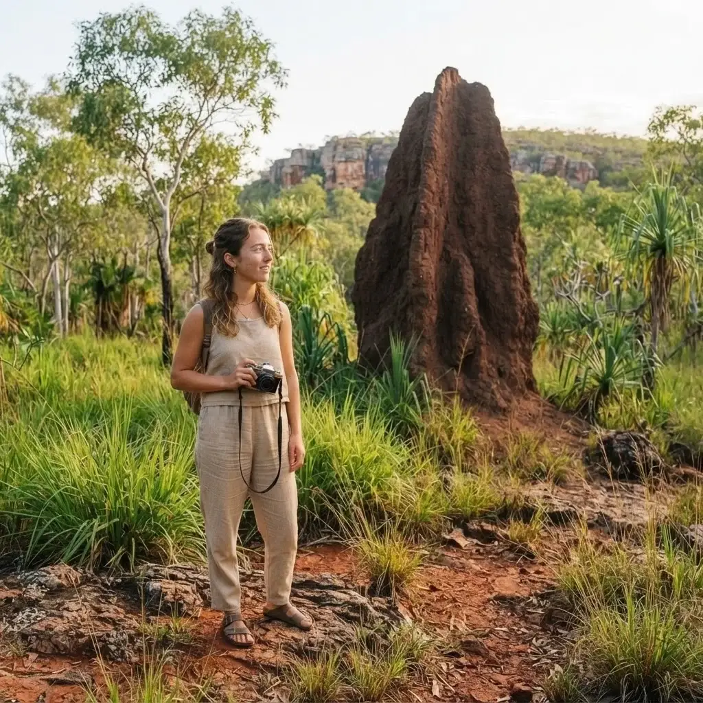 A candid shot of Emma Collins exploring the lush surroundings and ancient geological formations of Litchfield National Park in the Northern Territory, Australia.