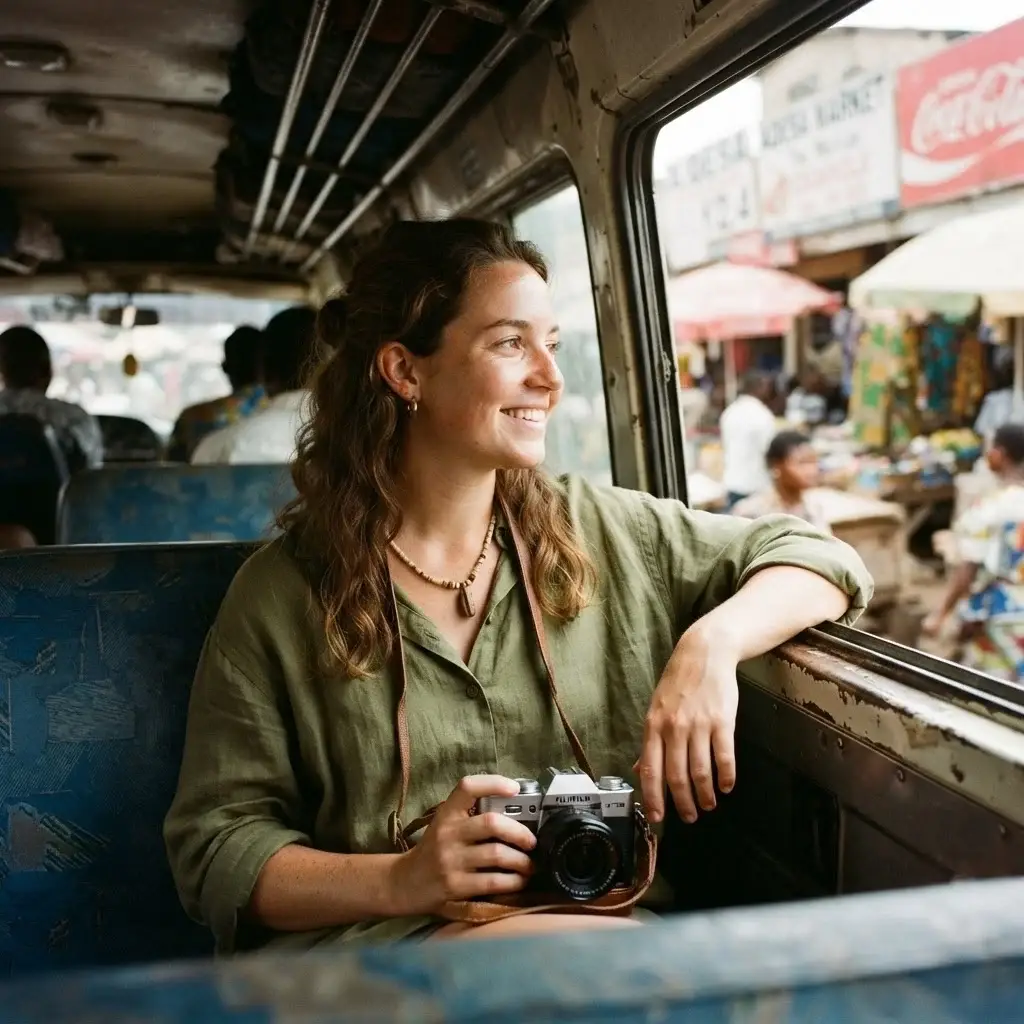 A candid eye-level shot of Emma Collins sitting inside a brightly painted Ghanaian tro-tro minibus, wearing an olive linen top, holding her mirrorless camera as sunlight streams through the open window.